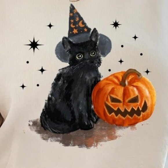 Vintage Black Cat Halloween Retro Style Spooky Season Cat Graphic Sweatshirt - Picture 2 of 5